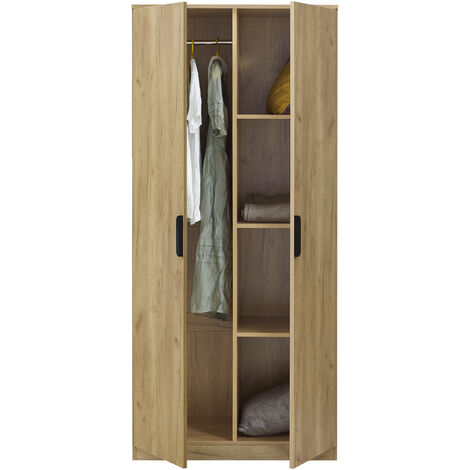 Armario Ropero Eiselfing (2 puertas 1 perchero 4 compartimentos) MDF 176 x 80 x 52 cm - Efecto roble [en.casa]
