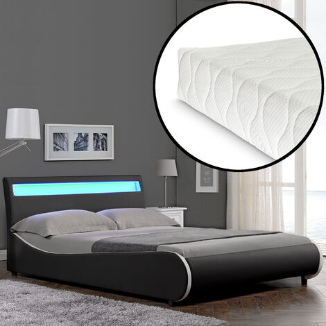 Corium Cama Doble (Valencia) tapizada en cuero sintético con LED -  140x200cm (negro)