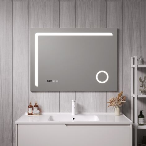 Espejo de pared con LED Chambave para baño IP65 antivaho reloj lupa 3X aluminio 70 x 100 x 3 cm - Plateado [pro.tec]
