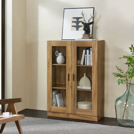 Vitrina Sorø con 2 puertas 3 compartimentos cristal y aglomerado 115 x 80 x 31 cm - Efecto roble [en.casa]