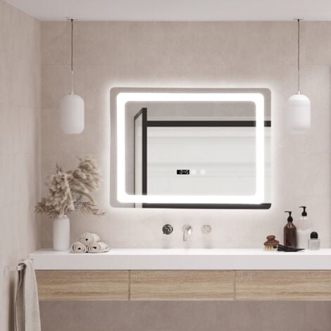 Aquamarin® Espejo de Baño LED - CEE: A++, Táctil, de Pared, con Reloj  Digital y Otros Accesorios, 3 en 1 Luz Blanca Fría/Cálida/Neutra - Espejo  con