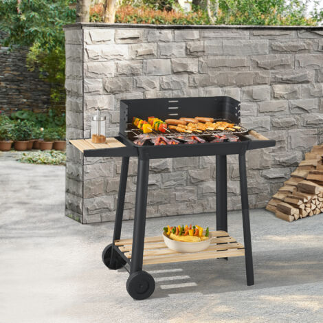 Barbacoa de carbón Ari con 2 ruedas 78x86x30cm - Negro/Madera [casa.pro]