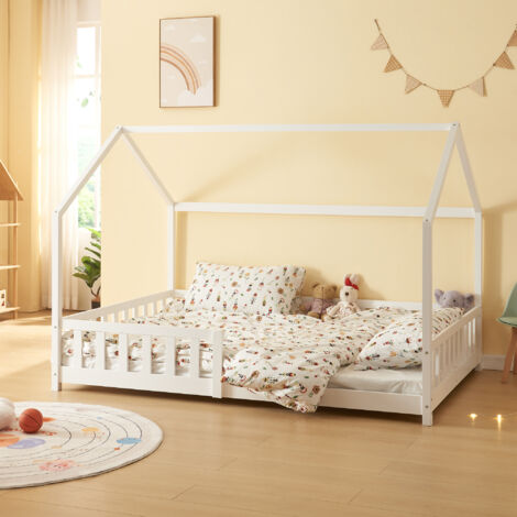 Cama infantil Hesel en forma de casa pino con reja 140x200cm - Blanco [en.casa]