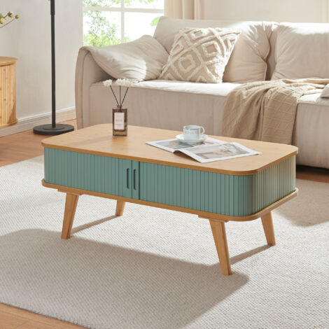 Mesa de centro Tysvær con puertas bambú 100x50x40cm - Natural/Azul [en.casa]