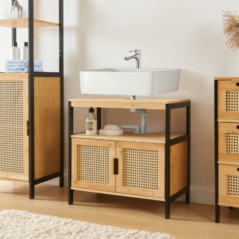 Mueble para debajo del lavabo Tervola MDF 60x60x35 cm - Negro/Ratán [en.casa]