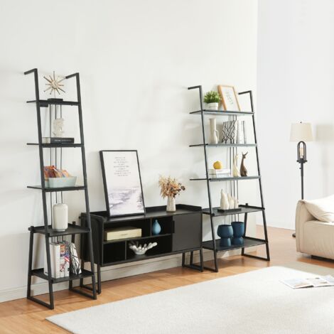 Set de muebles 'Storfjord' 3 piezas: 2x estanterías escaleras 1x Mesa TV metal - Negro [en.casa] (1/5)