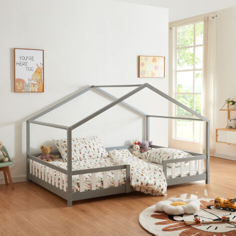 Cama para niños Treviolo forma de casa pino 140x200 cm - Gris [en.casa]