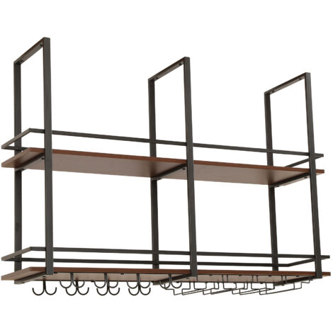 Estantería Colgante Para Botellas De Vino Y Copas - 100x30x65 Cm, Metal Negro Y Madera Nogal