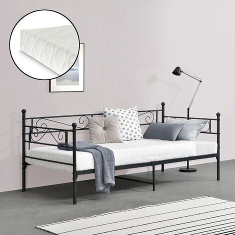 Cama Simple Kreava Reposacabezas y Reposapiés con Colchón Metal 90x200 cm - Negro [en.casa] (1/5)