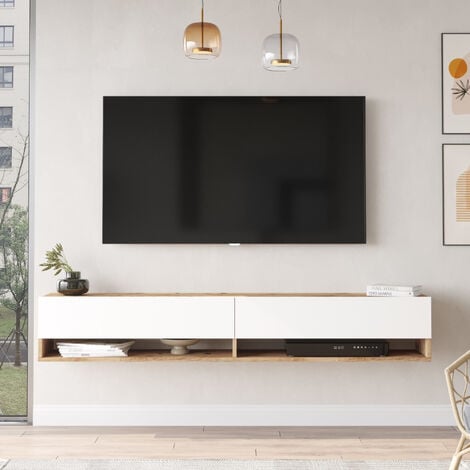 Mueble TV suspendido Laitila Aglomerado 180x32x30 cm Roble Rústico / Blanco  [en.casa]