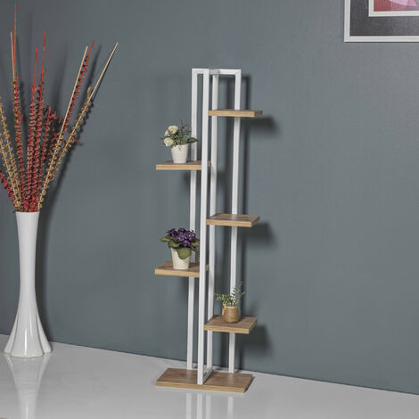 Soporte para plantas Tohmajärvi 5 niveles metal/aglomerado 120 x 34 x 21 cm blanco efecto nogal [en.casa] (1/5)