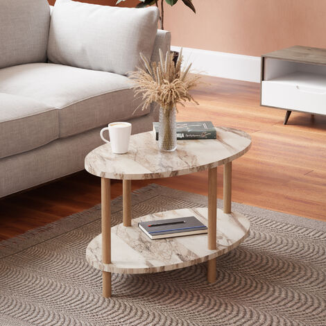Mesa de centro Højreby ovalada 43x70x44 cm - Efecto mármol, crema [en.casa]