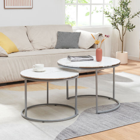 Set de 2 mesas de centro nido Skagen 50xØ70 cm - Efecto mármol blanco y plateado [en.casa]