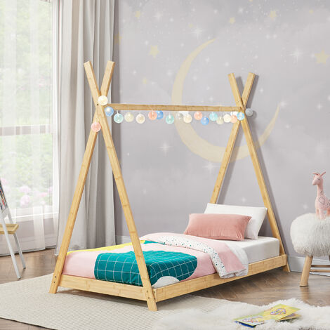Cama Infantil Tipo Montessori, Casita Madera Natural con Barrera  Barandilla, para niño y niña, 90 x 190 cm