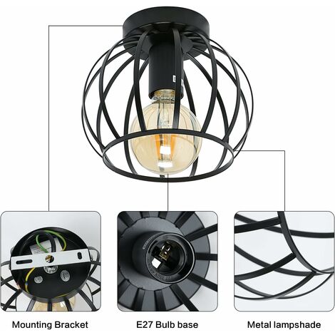 GOECO Lámpara de Techo Vintage Pheashine,Lámpara de Techo de Montaje Semi Empotrado Negra,Pantalla de Techo de Jaula de Metal con Soporte E27 Para Sala de Estar,Cocina,Dormitorio,Pasillo,Patio
