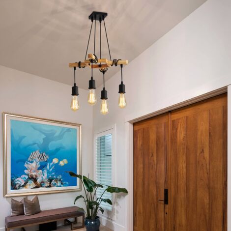 GOECO Lámpara Colgante Industrial, Lámpara de Techo Vintage de Madera y Negra, Lámpara Colgante Industrial, Para Sala de Estar o Restaurante (Bombilla No Incluida) 4 Luces-E27