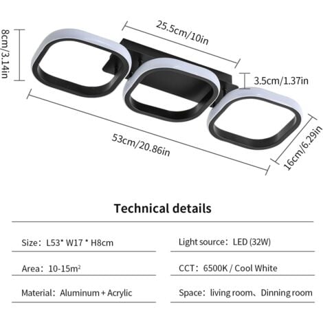 GOECO Plafones LED Moderna, Negro 32W 3900LM Luz Blanca Fría 6500K, Diseño Creativo de Tres Cuadrado Paralelas en Aluminio para Sala Dormitorio Cocina Baño (53 x 17 x 8cm) -
