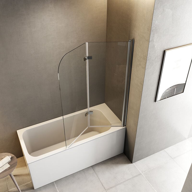 Pare-baignoire 100x140cm pivotant à 180°, écran paroi de baignoire en verre  5mm trempé et anticalcaire avec porte-serviette