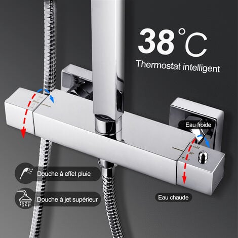 Meykoers Colonne de Douche Thermostatique Set de Douche avec Pommes de douche(30x30cm) et Douchette Ensemble de Douche, Réglable en Hauteur Thermostat Douche Système
