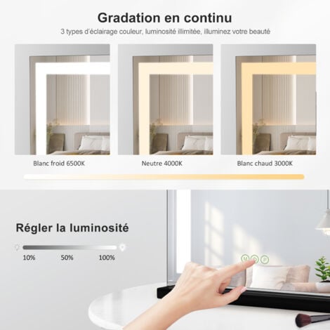 [JAMAIS UTILISE] Meykoers Miroir de Maquillage LED 60x52cm, Hollywood Maquillage miroir 3 Couleurs Gradable Miroir grossissant - Le noir