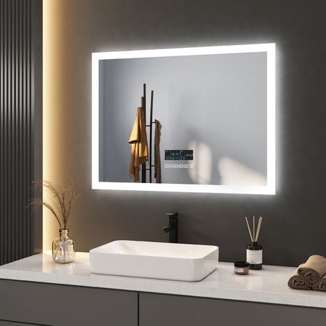 Meykoers Miroir de salle de bain anti-buée 80x60cm Illumination LED Miroir  Muraux avec Bluetooth, horloge, Interrupteur Tactile - Lumière Blanc froide