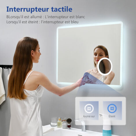 Meykoers Miroir de salle de bain avec éclairage et LED 3x Miroir Cosmétiques, 100x60cm Commutateur Tactile miroir mural