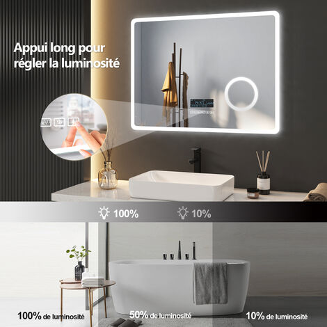 Miroir LED Salle De Bain 80x60 Cm - Anti-buée, 3 éclairages, Horloge/température, Or