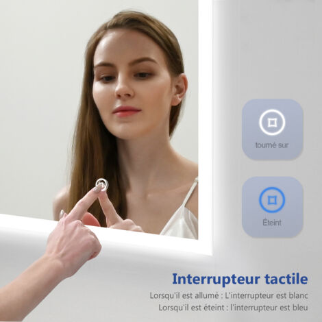 Meykoers Miroir de salle de bain avec éclairage LED 80x60cm miroir mural avec anti-buée, Miroir Lumière Mural avec Commutateur tactile