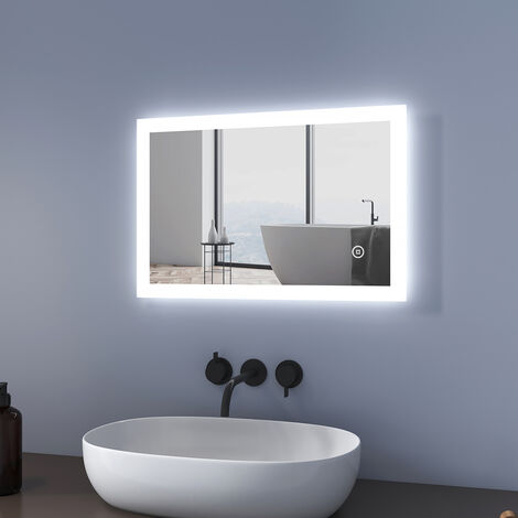 Meykoers Miroir de salle de bain 60x40cm avec Anti-buée, miroir LED mural avec éclairage, Commutateur tactile, blanc froid