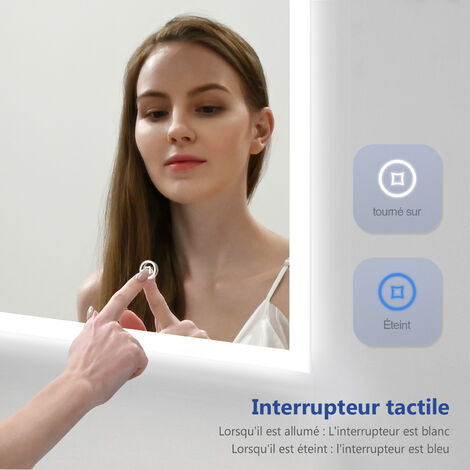 Meykoers Miroir de salle de bain 60x40cm avec Anti-buée, miroir LED mural avec éclairage, Commutateur tactile, blanc froid