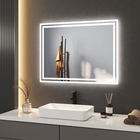 Meykoers miroir de salle de bain avec éclairage 80x60cm anti-buée, Dimmable LED miroir Mural, Commutateur tactile