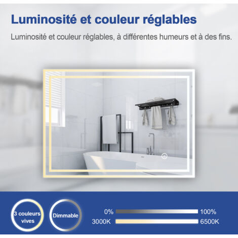 Meykoers miroir de salle de bain avec éclairage 80x60cm anti-buée, Dimmable LED miroir Mural, Commutateur tactile