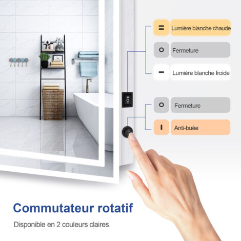 Meykoers Miroir de Salle de Bain 70x50cm Miroir LED Mural avec anti-buée, blanc froid et Blanc chaud éclairage, Interrupteur Mécanique