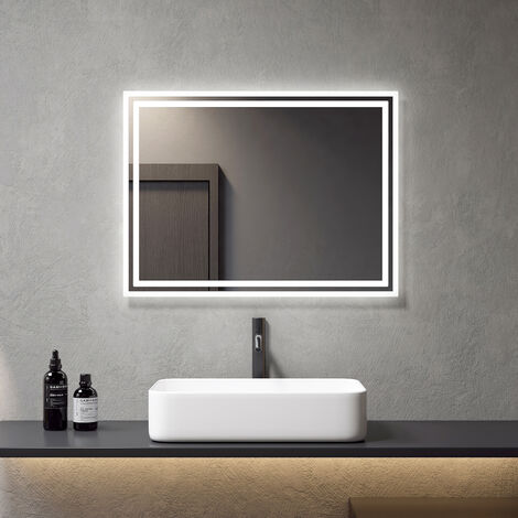 Meykoers Miroir de salle de bains avec éclairage 80x60cm anti-buée, blanc froid / Blanc chaud Miroir LED, Interrupteur Mécanique