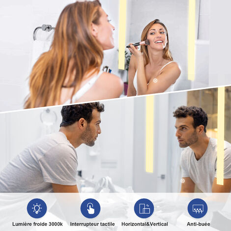 Meykoers Miroir de Salle de Bain avec éclairage 60x45cm miroir anti-buée, blanc Chaud led miroir mural, Commutateur Tactile