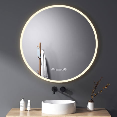 Ocean Miroir salle de bain LED avec éclairag + miroir mural cosmétique  lumineux + anti-buée + Horloge numérique et date + miroir  grossissant+Horzontal