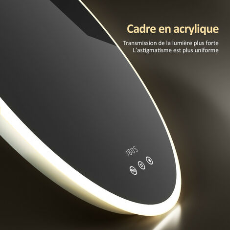 Miroir De Salle De Bain LED Semi-circulaire - 70 Cm, Lumière Réglable Couleur Et Intensité, Tactile, Antidéflagrant