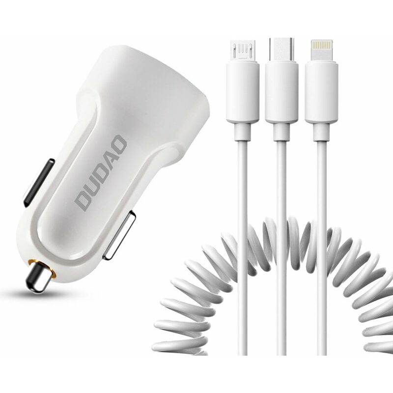 Dudao Car Kit 2x USB 2.4A Ladegerät + 3in1 Lightning / Typ C / Micro USB  Ladekabel Kfz für Smartphones weiß
