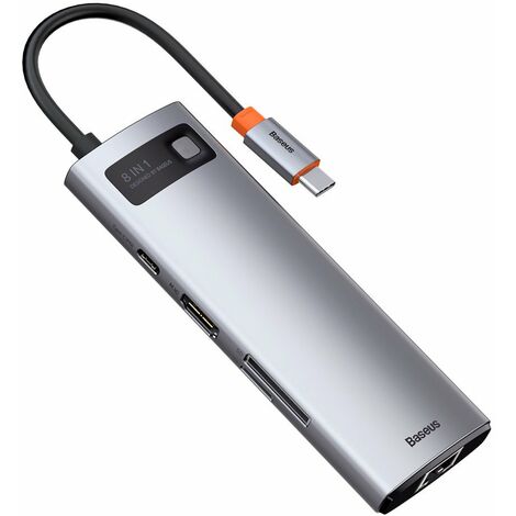 Baseus Metal Gleam 8ing1 multifunktionaler HUB USB Typ C - USB Typ C Power Delivery 100 W / HDMI 4K 30 Hz / SD und microSD Kartenleser / 3x USB 3.2 Gen 1 / RJ45 1 Gbps (CAHUB-CV0G)