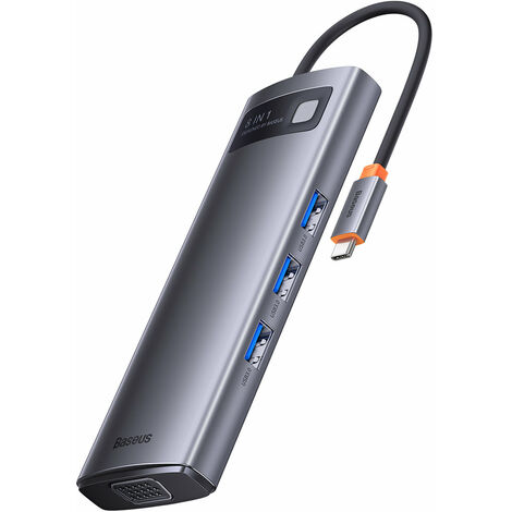 Baseus Metal Gleam Series 8 in 1 USB Typ C HUB Dockingstation – 1 x HDMI / 3 x USB 3.2 Gen. 1 / 1 x Stromversorgung / 1 x SD-Kartenleser / 1 x TF-Kartenleser / 1 x VGA Grau (WKWG050013) (1/5)