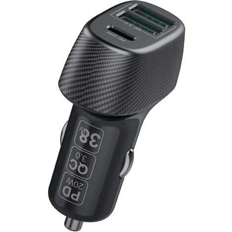 38W Multi Port 2x USB 1x Typ-C Auto-Ladegerät KFZ QC 3.0 Fast Charge schwarz (1/2)