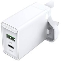 UK-Netzladegerät mit 2 Anschlüssen USB-A und USB-C (18W/20W) Schnellladegerät Weiß