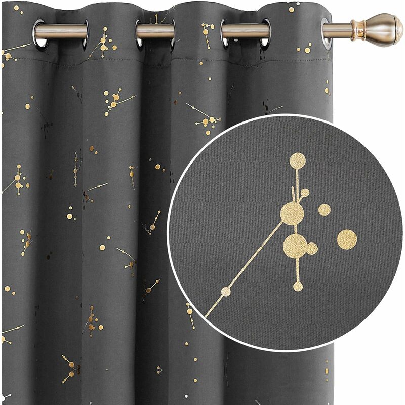 White Space Blackout Curtains 63 Inches Length 2 Panels for Boys Kids Room Golden Foil Print Grommet Top Window Drapes for Living Room Bedroom 
