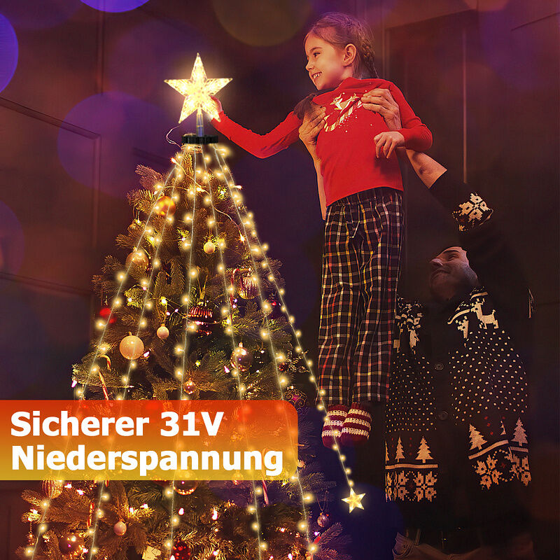 Weihnachtsbaum Lichterkette 200 LED – 2m Mit 8 Girlanden, 8 Modi, IP44