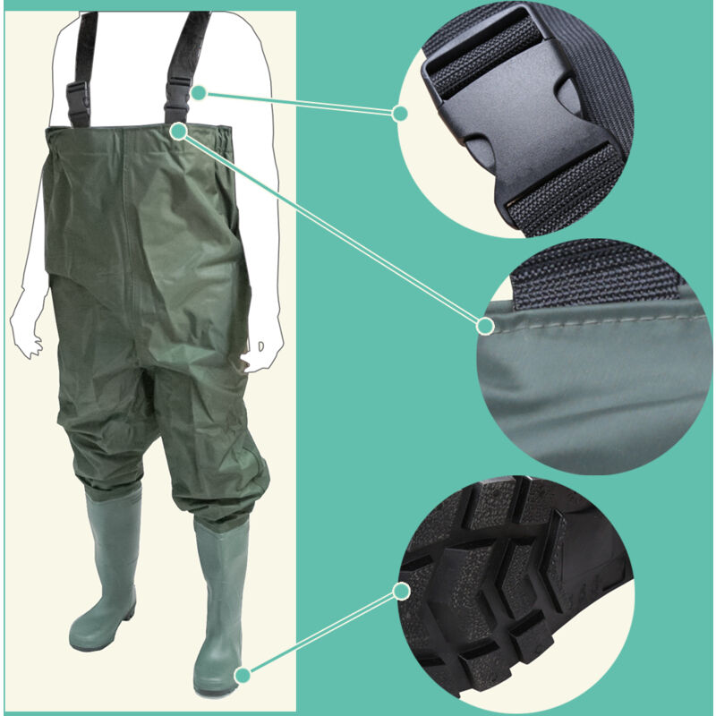 Waders Für Männer Grün Größe 42 - Wasserdichte PVC Hüftstiefel Mit Schnallen Für Angeln