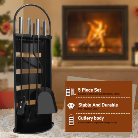 Ensemble D'outils De Cheminée 5 Pièces - Support, Tisonnier, Pelle, Balai, Pince - Design Moderne Noir