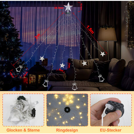 Weihnachtsbaum Lichterkette 200 LED – 2m Mit 8 Girlanden, 8 Modi, IP44