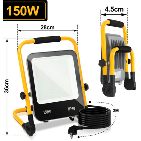 LED Baustrahler 150W 12000 Lumen Mit Stativ – IP66 Wasserdicht, 3m Kabel, 360° Drehbar, Für Garage, Werkstatt & Baustelle
