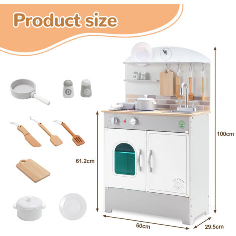 FIVMEN Cuisine de jeu pour enfants en bois avec plan de cuisson, four micro- ondes, robinet, évier et accessoires de cuisine, jouet pour enfants à partir de 3 ans, 56 x 28,5 x