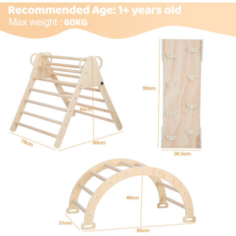 COSTWAY 6 en 1 Aire de Jeux d'escalade Intérieure en Bois avec Toboggan Réversible & Tente, Triangle d'escalade Montessori Enfant avec Filet & Échelle